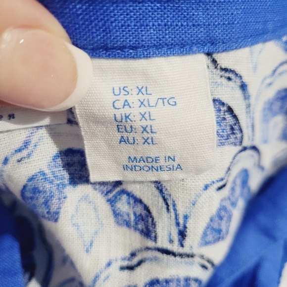 Sigrid Olsen Womens XL 100% Linen Tunic Top Blue White Pattern V-Neck 3/4 Sleeve - Picture 11 of 12